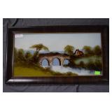 Reverse Painted European bridge scene framed