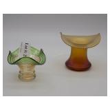 Two Petite Ruffle top Vases - peach with emerald o