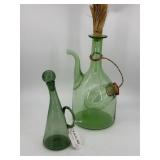 Two emerald art glass vases - Wine carafe & small