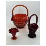 Three pcs Art Glass - hobnail ruffle top bud vase
