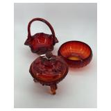Three pcs Ruby Glass incl lidded dish with koi fee