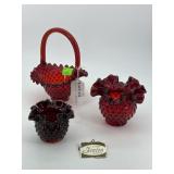 Three pcs Ruby Hobnail incl ruffle top vases and r