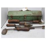 Vintage sodering iron in green metal tool chest
