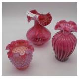 Three Cranberry ruffle top vases - hobnail, candy