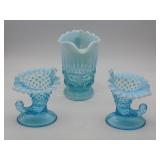 Three pcs Blue and White Fenton Hobnail Glass incl