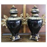 Pedestal ginger jars with ornate handles in black