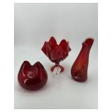 Three Pcs Ruby Art Glass incl pinch bowl, and ambe
