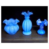 Three Blue Ruffletop Art Glass Vases