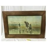 Watercolor of Kids at Beach in oak frame