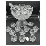 Cut crystal pedestal punch bowl with 12 punch cups