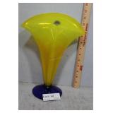 Blenko yellow fan vase with blue base