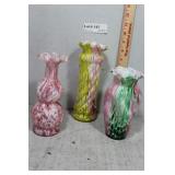 Three multicolored molded ruffle top art glass vas