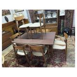MCM dining table & 8 oak chairs with single leaf 6