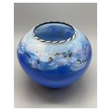 Cobalt art glass vase with candy cane rim -