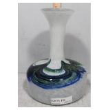 Hand Blown fluted Art Glass with green & blue swir