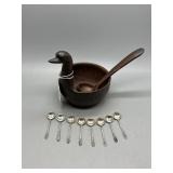 Pottery duck bowl with spoon & 8 sterling salt