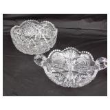 Two cut glass serving pcs - divided double handled