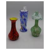 Three Spatter Glass Bud Vases Red and Yellow, Gree
