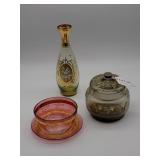 Three Pcs HP Enameled Glass incl covered sugar bow