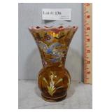Enameled fluted ruffle top 5.5" amber vase with fl