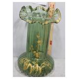 Green ribbed fluted & ruffle top floral vase with