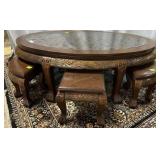 Chinese Oval Low Dining Table with High Relief Car