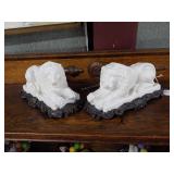 Pair of Alabaster Porcelain Lions on Cast Metal Ba