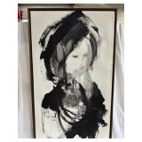 Black & white painting on canvas of woman in hat &