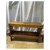 Distressed bucket bench with gallery under shelf 3