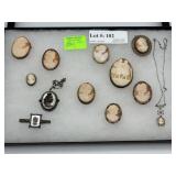 Cameo grouping incl brooches & mother of pearl