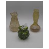 Three art glass vases - iridescent with spider web