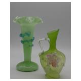 Art glass 7" pitcher with green floral appliquï¿½ &