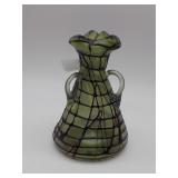 Iridescent art glass blown 3 handled vase with ame