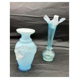 Two Art Glass Blue Vases - 10" ribbon Bud Vase wit