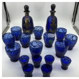 Sterling over cobalt decanter set - two