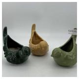 Three hull bird pots in green & orange