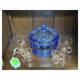 cobalt lidded candy dish & six peach handled beer
