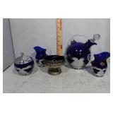 Silver overlay cobalt 5pc set - creamers, sugar,