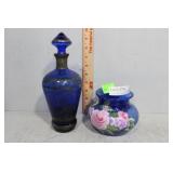 Silver over cobalt stoppered vase & floral HP
