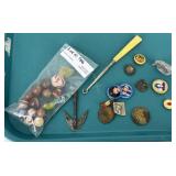 Political pins, marbles, button puller