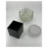 black glass vase & two cut crystal bowls