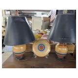 Two Ornate Japanese Porcelain Lamps with Complemen