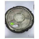 Silverplate serving tray with glass inserts on