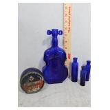 Four cobalt glass bottles - cello, medicine &