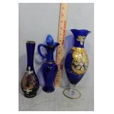 Three pcs Venetian cobalt glass - vases &