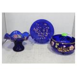 Three pcs Cobalt glass incl ruffle top floral
