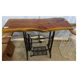 Custom cypress slab top table with Singer sewing