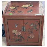 Chinese red lacquer end table w with two shelves