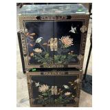 Pair Chinese black lacquer petite with painted