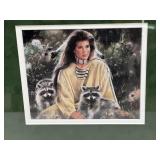 Maija framed print of lady with racoons 14.5" x